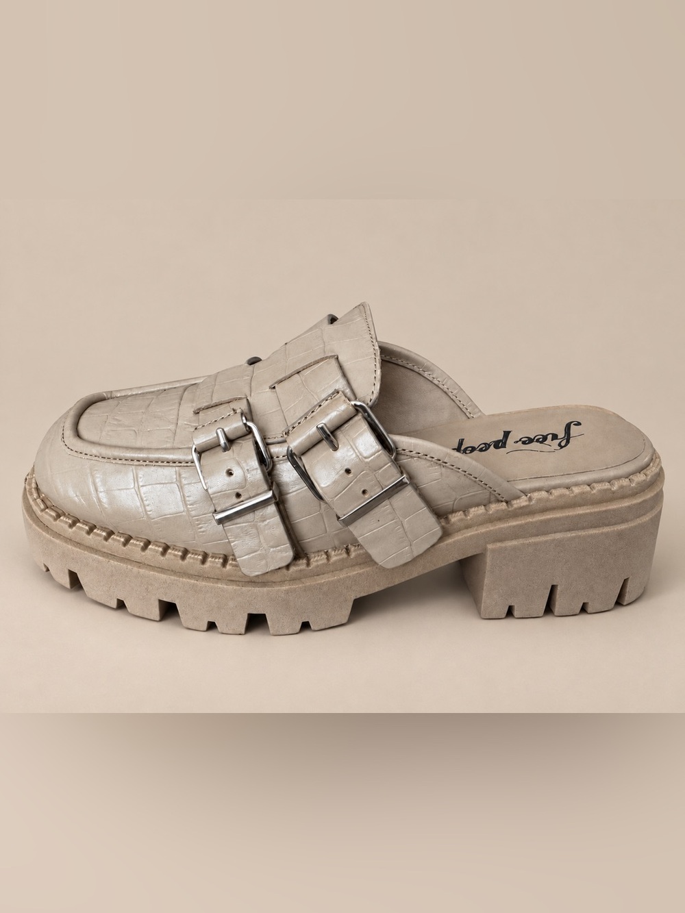 Free People Buckle Lyra Lug Loafer Mules Cream Croc US 7.5 NEW